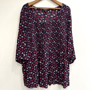 Ulla Popken Smocked Lip Print Blouse Tunic Top Flowy 3/4 Sleeves Size 20/22